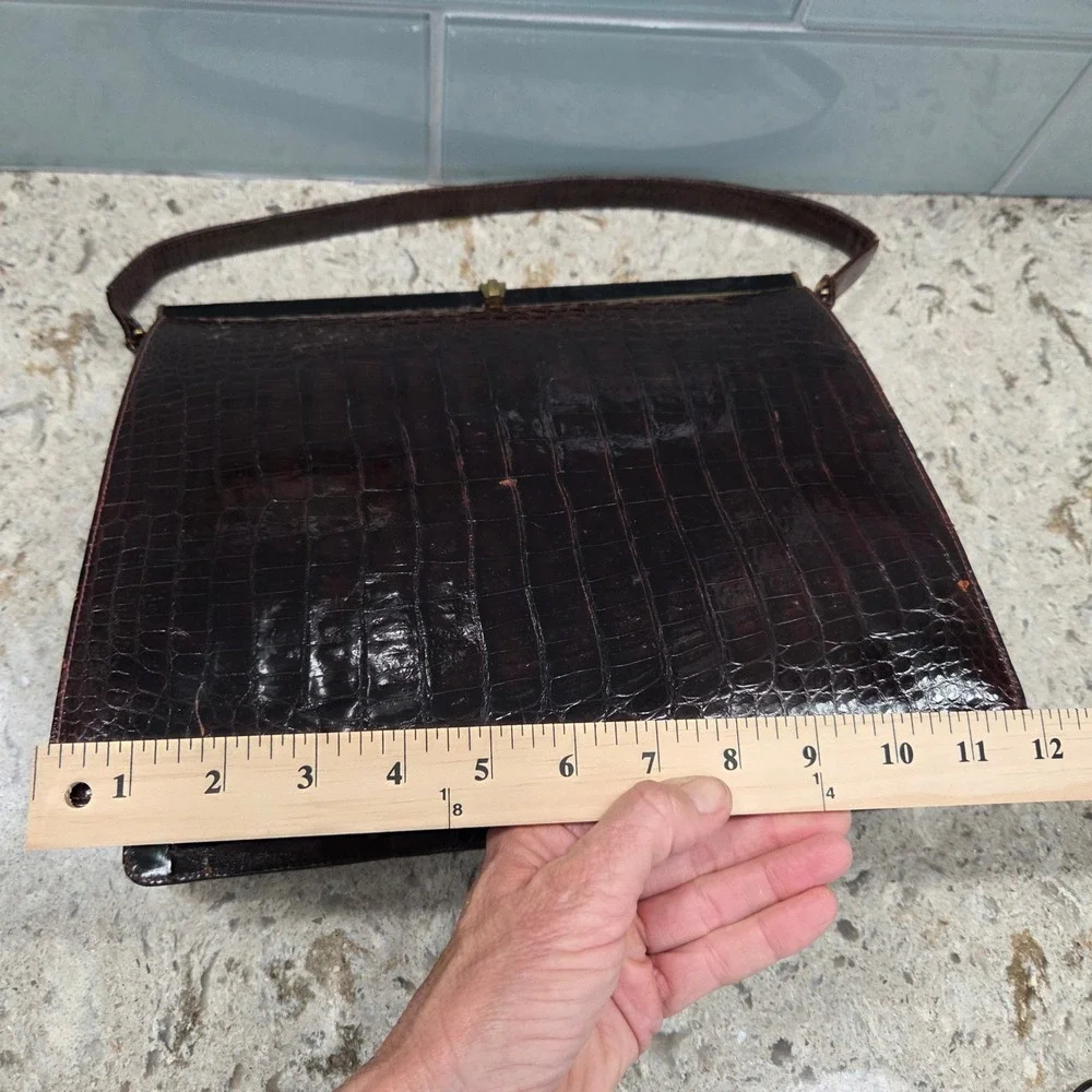 Vintage Sterling Genuine Crocodile Embossed‎ Leather Top Handle Handbag Brown